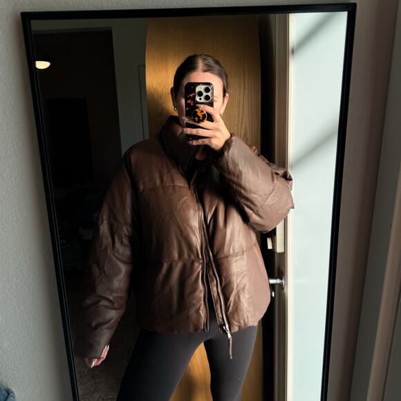 Old Navy Brown Faux Leather Puffer Jacket - Picture 9 of 12